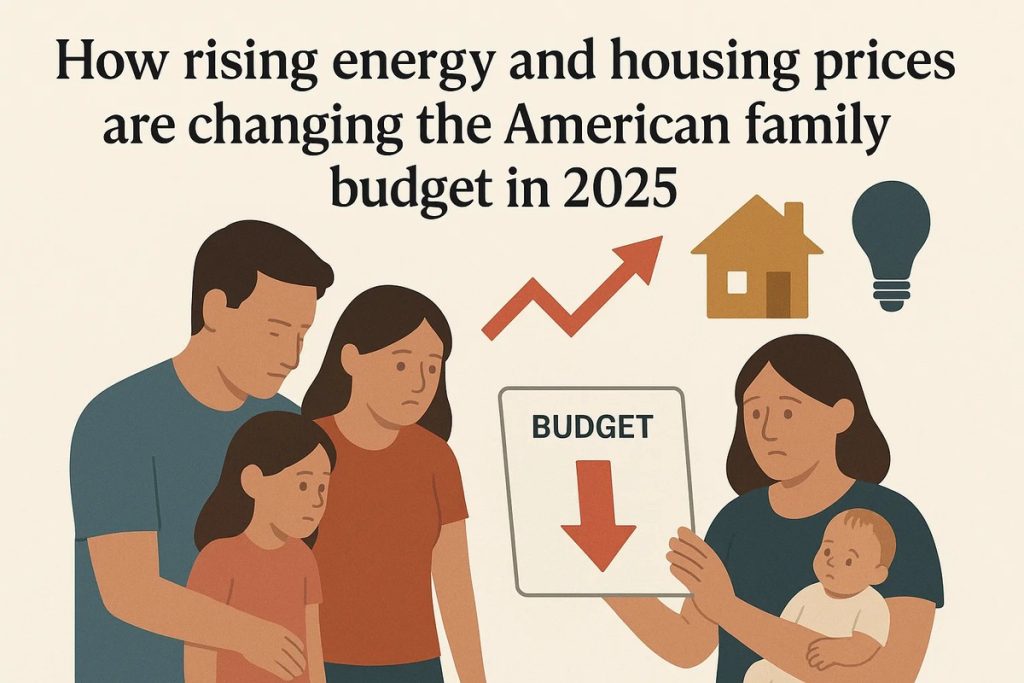“Illustration of an American family with parents and three children, one of them a baby, looking worried while holding a sign that says ‘Budget’ with a red downward arrow, representing the impact of increasing energy and housing costs on the American family budget in 2025.