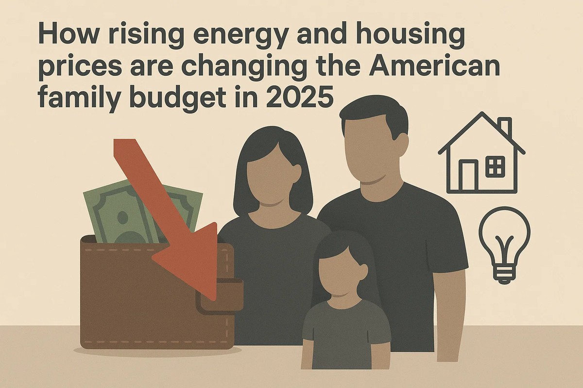 Illustration of an American family of three standing next to icons of a house and a light bulb, with a large wallet showing money and a red downward arrow, symbolizing how rising energy and housing prices are affecting the family budget in 2025.