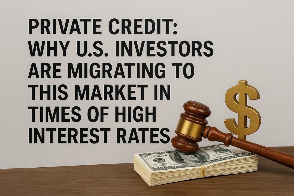 Stack of one-hundred-dollar bills on a wooden desk beside a judge’s gavel and a golden dollar sign, symbolizing the growth of private credit investment in the United States during times of high interest rates.