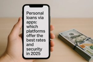 Hand holding a smartphone displaying the text about personal loans via apps and the best platforms for rates and security in 2025, with a stack of one-hundred-dollar bills on a wooden table in the background.