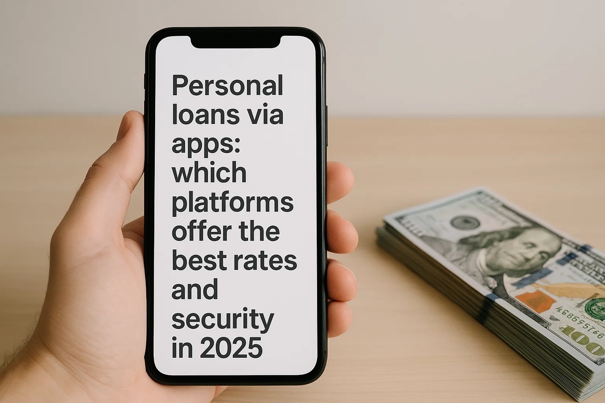 Hand holding a smartphone displaying the text about personal loans via apps and the best platforms for rates and security in 2025, with a stack of one-hundred-dollar bills on a wooden table in the background.