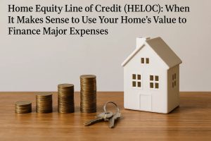 Stacks of coins increasing in height beside a set of house keys and a small white ceramic house model on a wooden surface, illustrating the concept of leveraging home equity for a loan or major financial expenses, with the title ‘Home Equity Line of Credit (HELOC)’ displayed above.