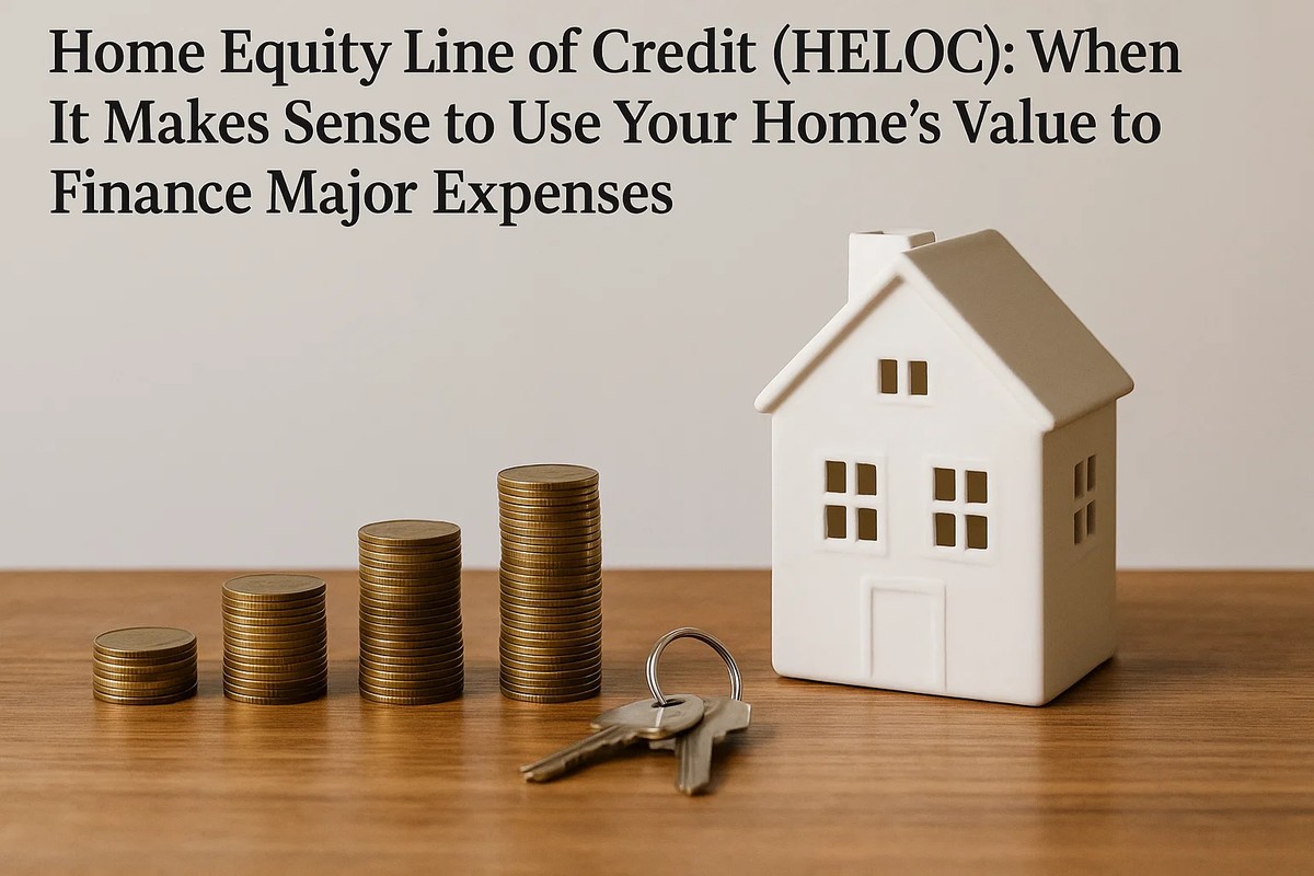 Stacks of coins increasing in height beside a set of house keys and a small white ceramic house model on a wooden surface, illustrating the concept of leveraging home equity for a loan or major financial expenses, with the title ‘Home Equity Line of Credit (HELOC)’ displayed above.