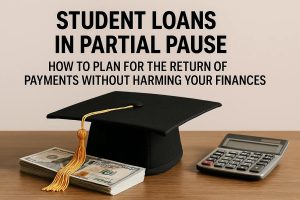 A black graduation cap with a long gold tassel rests on a stack of hundred-dollar bills next to a calculator on a wooden desk. The image conveys budgeting and financial preparation for student loan repayment. Above the objects, bold text discusses the partial pause of student loans and how to plan for the return of payments without harming personal finances.