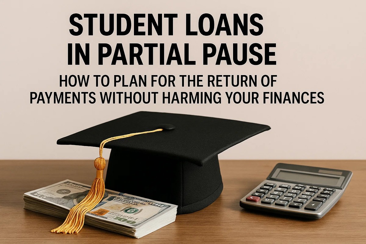 A black graduation cap with a long gold tassel rests on a stack of hundred-dollar bills next to a calculator on a wooden desk. The image conveys budgeting and financial preparation for student loan repayment. Above the objects, bold text discusses the partial pause of student loans and how to plan for the return of payments without harming personal finances.