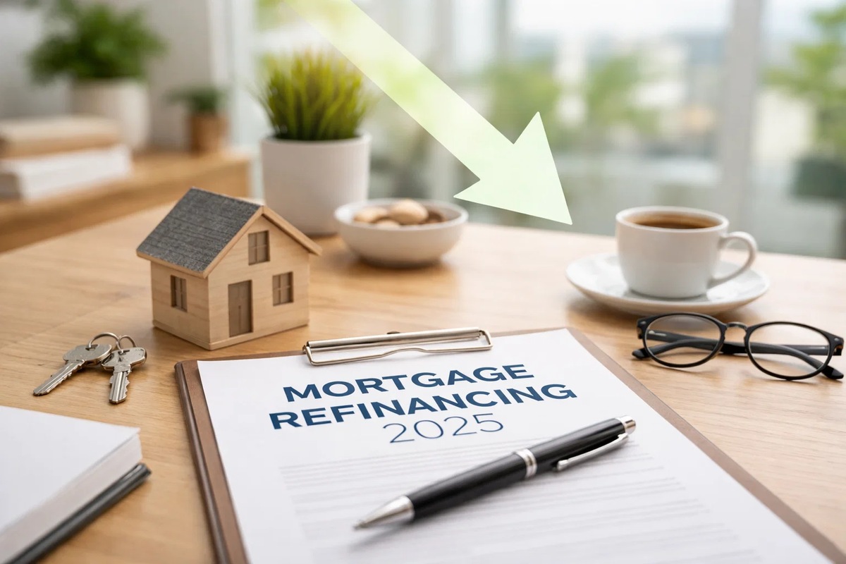 Mortgage refinancing documents labeled “Mortgage Refinancing 2025” placed on a desk with a house model, keys, and an arrow pointing downward, illustrating a home loan refinancing strategy focused on lowering interest rates and managing long-term loan costs.