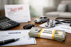 Stack of U.S. dollar bills labeled salary advance placed on a desk alongside a paycheck, overdue bill notice, calculator, car keys, and medical documents, illustrating a short-term loan solution used to manage unexpected expenses and financial emergencies.