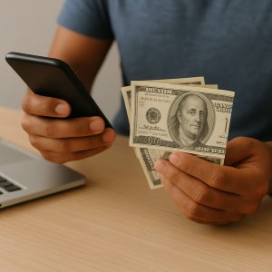 Close-up of a person seated at a wooden desk holding a smartphone in one hand and several U.S. dollar bills in the other, with part of a laptop visible in the background. The image captures the gesture of counting money while checking something on the phone, suggesting themes of digital finance, budgeting and loan management.