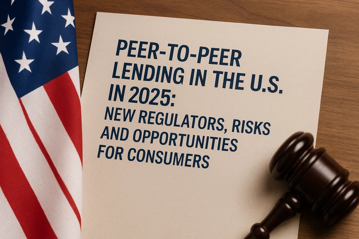 A close-up view of a document on a wooden desk displaying the headline “Peer-to-Peer Lending in the U.S. in 2025: New Regulators, Risks and Opportunities for Consumers” in bold blue text. An American flag drapes along the left side of the frame, while a wooden judge’s gavel rests near the bottom right corner. The composition evokes themes of regulation, consumer protection, and the evolving loan landscape in the United States.